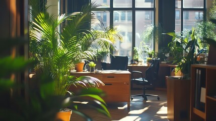 Poster - Sunlit office interior with abundant potted plants, desk, chair, and large window.