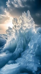 A dramatic ice formation illuminated by sunlight against a moody sky.