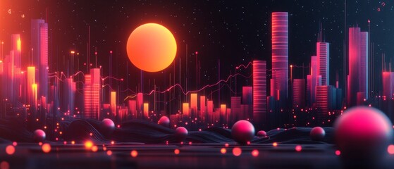 Poster - Vibrant trading landscape with colorful skyline and glowing spheres at sunset