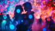 © tiagozr - Couple dancing intimately under colorful bokeh lights.