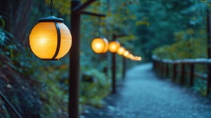 Poster - Glowing lanterns illuminate a serene forest path at dusk, AI