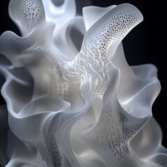 Poster - Abstract 3D render of flowing, porous, white organic form with internal light.