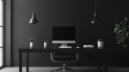 Poster - Minimalist black home office workspace with desktop computer, desk, chair, and plants.