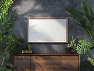 Aufkleber - A stylish, modern interior featuring a wooden cabinet, a large mirror, and lush green plants against a textured wall.
