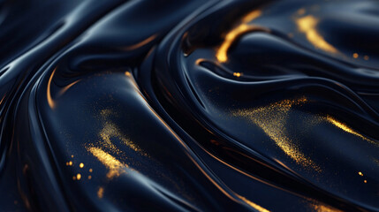 Poster - An abstract close-up of glossy black fabric with shimmering gold highlights flowing smoothly, creating a luxurious and sophisticated visual texture for artistic designs.