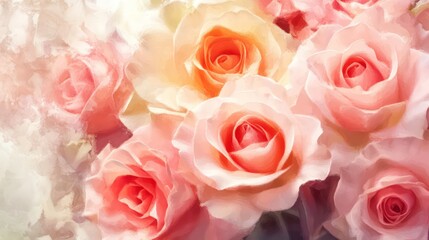 Poster - Close-up of delicate peach and pink roses, soft focus, romantic and elegant floral background.