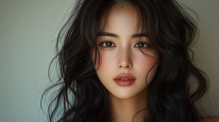 Wall Mural - Captivating portrait of a Korean woman with beautiful long hair in soft light showcasing natural beauty and grace