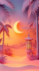 Wall Mural - Serene Ramadan Night: Crescent Moon, Palm Trees, and Lantern in a Desert Oasis