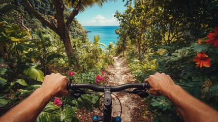 Poster - Riding a mountain bike along a narrow path surrounded by vibrant flowers and tropical greenery, the view opens to a sparkling blue ocean under a clear sky. The adventure feels exhilarating.
