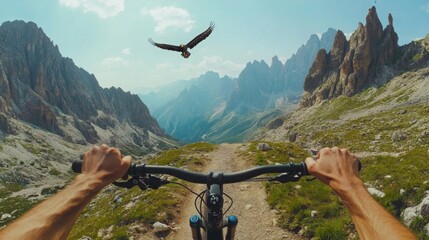 Aufkleber - Riding a mountain bike on a rugged trail with stunning rocky peaks in the Dolomites. A majestic bird flies overhead, capturing the thrill of outdoor adventure in a picturesque landscape.