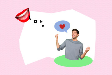 Poster - Composite photo collage of happy man receive valentine postcard greeting headless mouth smile love heart isolated on painted background