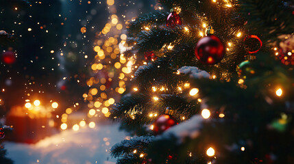 Poster - A festive close-up of a decorated Christmas tree adorned with colorful ornaments and glowing lights amidst a snowy backdrop for the holiday industry.