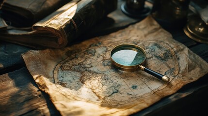 Poster - Vintage map with a magnifying glass evoking themes of exploration