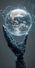 Poster - AI robot hand holding the Earth globe with digital connectivity