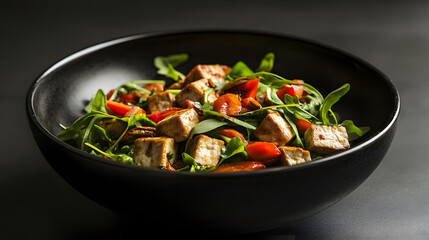 Wall Mural - Fresh tofu mixed with crisp salad vegetables, healthy vegan soy appetizer with delicious nutrition served in bowl with fresh food elements.