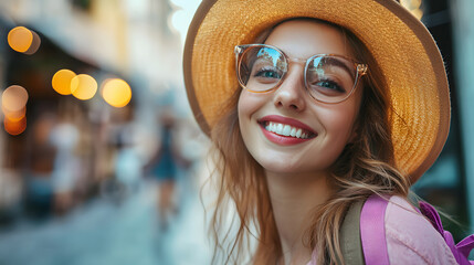 Happy tourist woman exploring city street while enjoying food eating experience. travel meal creating holiday summer moments with asian lifestyle charm.