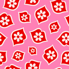 Poster - Romantic seamless pattern with red lips and white daisy flowers.  Vector illustration.