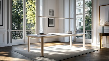 Poster - elegant modern workspace with minimalistic design and large windows showcasing natural light
