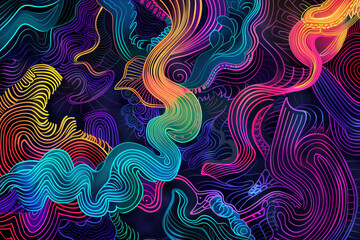 Poster - A vibrant and intricate line art composition featuring swirling, interconnected patterns in a spectrum of neon colors.