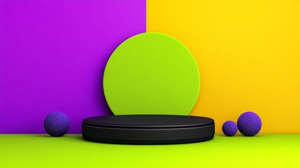 Poster - Black and green stage with purple balls on it. The stage is set up for a performance or a photoshoot