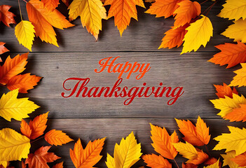 Poster - happy thanksgiving banner with dried leaves decoration
