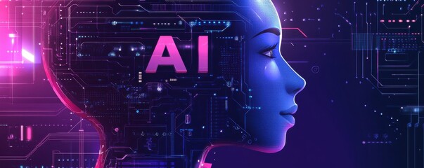 Poster - Modern digital concept illustration featuring AI technology in purple hues