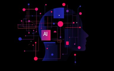 Poster - Futuristic AI concept with neon circuit patterns on black background