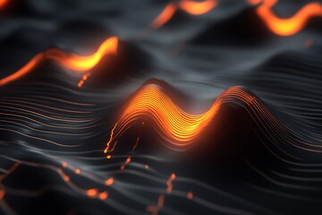 Poster - Abstract glowing orange lines forming waves on dark background.