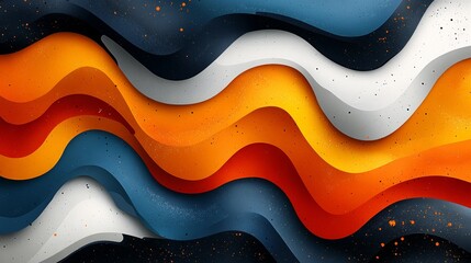 Poster - Colorful wave with orange, blue, and white stripes. The colors are bright and bold, creating a sense of energy and movement. The wave appears to be made up of different shades of each color