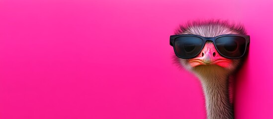 Poster - Cartoon ostrich wearing sunglasses and standing in front of a pink background. The ostrich is looking at the camera with a goofy expression