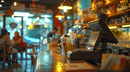 Point of Sale System in a Busy, Warmly Lit Bar or Pub