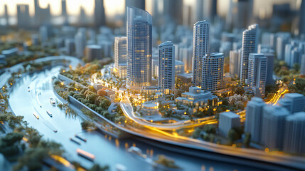 Poster - A detailed miniature cityscape featuring modern buildings, greenery, and a winding river, illuminated by soft lights for the architecture industry.