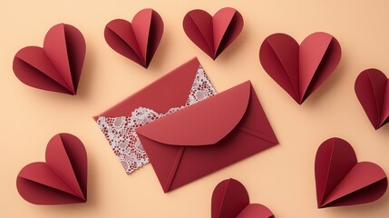 Poster - Heart-shaped paper cut-outs and envelope concept. Red hearts and envelopes arranged on a soft background