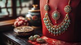 Traditional Chinese jewelry, such as jade pendants and gold earrings, elegantly displayed next to a red silk garment, accessories in traditional attire