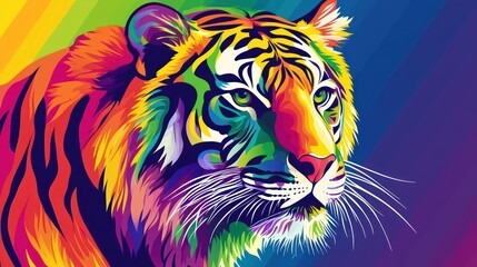  A rainbow-colored tiger head presented in a panoramic layout.