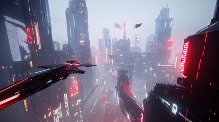 Poster - Futuristic cityscape with hovering vehicles illuminating the skyline at night