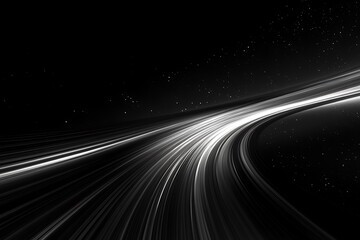 Poster - Abstract grayscale light streaks curve across black background.