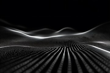 Poster - Abstract grayscale wave pattern of dots and lines on black background.