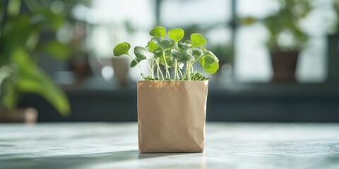 Small green sprout with two leaves in eco-friendly packaging natural materials soft blurred background daily lighting sustainable concept