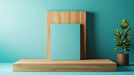 Poster - 3D Rendering Register Concept, Abstract Concept of Floating Components on Minimalist Background with Wooden Texture and Green Plant