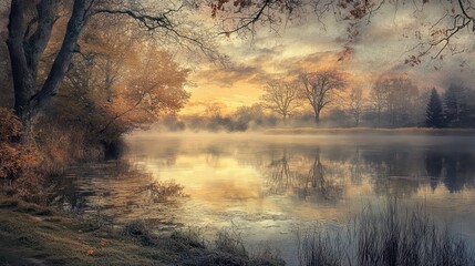 Poster - Serene autumn sunrise over a misty lake, reflected trees and golden light.