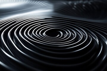 Poster - Abstract metallic swirls, dark grey, silver, concentric circles, 3D rendering.