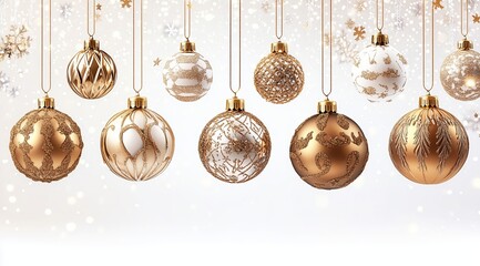 a row of gold and white christmas ornaments hanging from a string. the gold ornaments are larger and