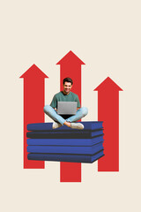 Aufkleber - Sketch composite 3D photo collage trend artwork of big pile book study education success increase knowledge arrow up young guy type laptop
