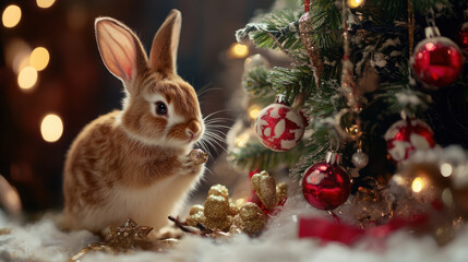 Wall Mural - Christmas bunny decorating a festive miniature tree