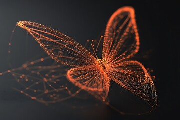 Poster - Abstract orange butterfly composed of glowing particles on a dark background.