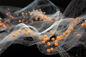 Poster - Abstract orange spheres in a flowing, translucent net against a black background.