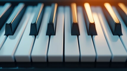 Poster - 3D Rendering Register Concept, Close-up of Piano Keys with Light Reflections Highlighting the Details of the Musical Instrument