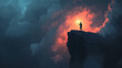© Thiago - Silhouette of a man holding a torch on a clifftop with dramatic stormy clouds. Solitude. Illustration