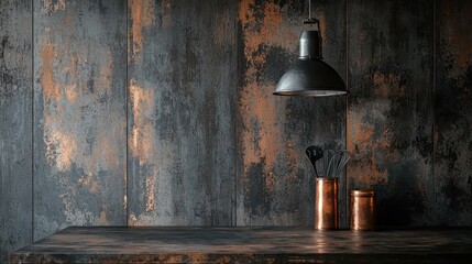 Poster - Dark and Moody Scene with Rugged Textures and Copper Accents in a Rustic Setting